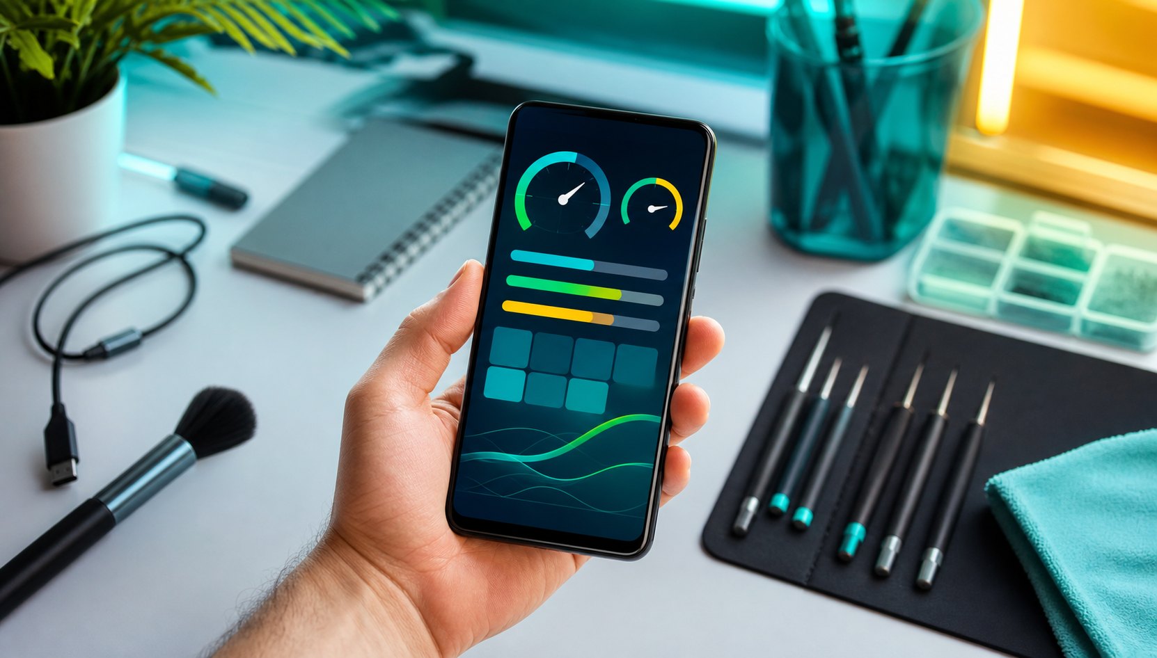 Smartphone on the desktop with a speed bar
