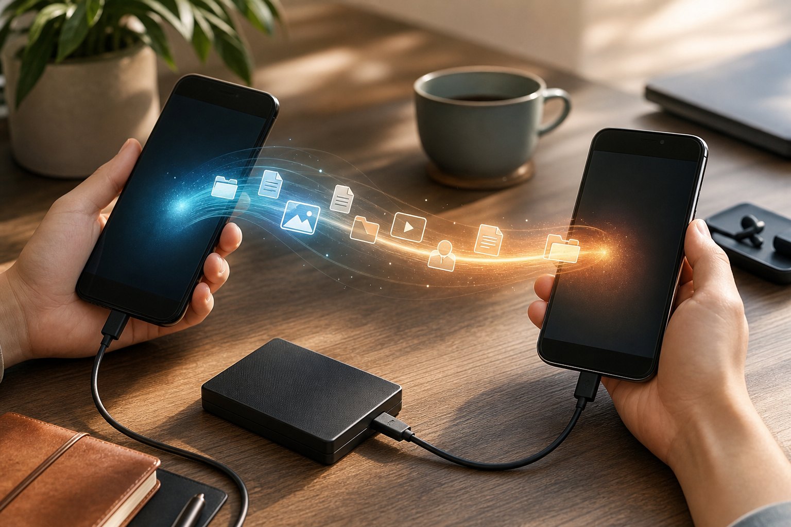 Two smartphones with visual file transfer